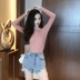 Áo sơ mi cộc tay nữ mùa thu mới phiên bản Hàn Quốc cổ điển retro cổ tròn Slim đáy eo cao tay dài sandal áo thun thủy triều Áo phông