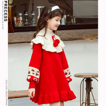 Girl sweater dress 2022 winter long red New Year's skirt child sweater skirt autumn