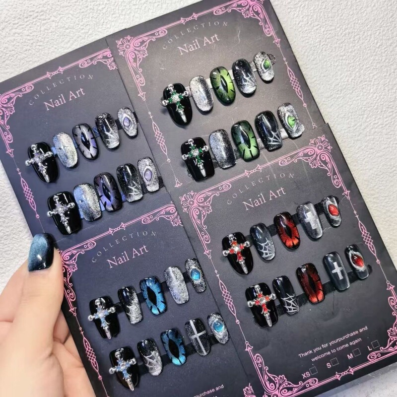 Dark Eye Demon Gothic Handmade High-End Short Nail Art Whitening Wearable Cross Cat Eye Sweet Cool Black Detachable