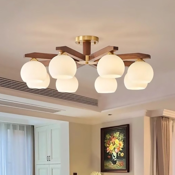 Retro American-Style Chandelier, Living Room Main Light, Simple Mid-Century Style, Walnut Color, Wabi-Sabi Style, Bedroom, Dining Room, Bedroom Lighting Fixtures