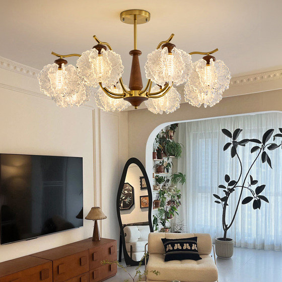 French Mid-Century Style Living Room Chandelier with Petal Design, Light Luxury, High-End Vintage Walnut Wood Grain, Whole House Package Lighting Fixtures