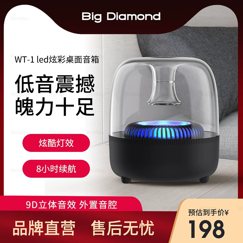 Комнатный Bluetooth-динамик Wortley с маленьким басом, глянцевый, светящийся, настольный аудио-радио