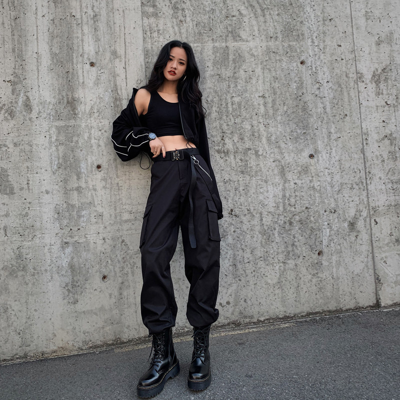 Black spring and autumn leggings overalls women's lengthened tall hot style high waist handsome loose fried street casual pants cool