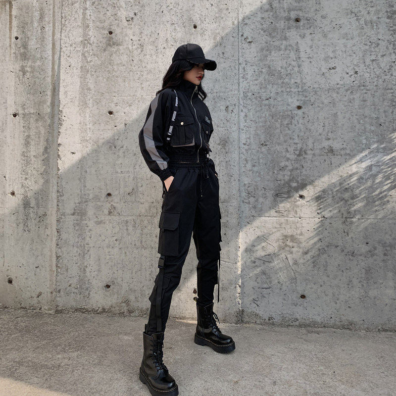 Black workwear pants female spring pants handsome pair of pants with thin high waist 100 lap Harlan pants small hip-hop