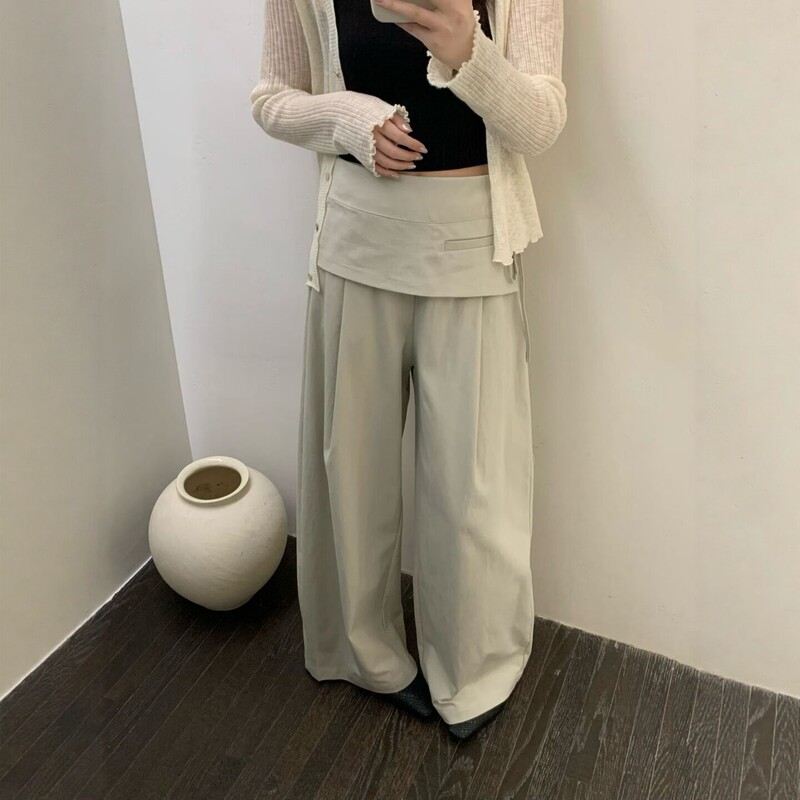 The Ms Spring/Summer New K9097 Fake Two-Piece Skirt-Layered Wide-Leg Pants for Women, Slimming, Versatile, Relaxed Casual Pants