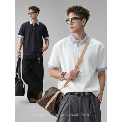Wurzburg high-end and stylish striped color-blocking lapel polo shirt men's short-sleeved T-shirt 2026 new style top