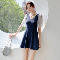 New Korean ins One-piece swimsuit Fairy Fan Xianthin Conservative belly-covered big size skirt style flat corner hot spring swimsuit