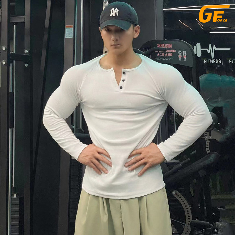 Galeforce Henry Shirt American-Style Ribbed Cotton Retro Long-Sleeve Men's Raglan Fitness Oversized Henry Collar T-Shirt for Sports