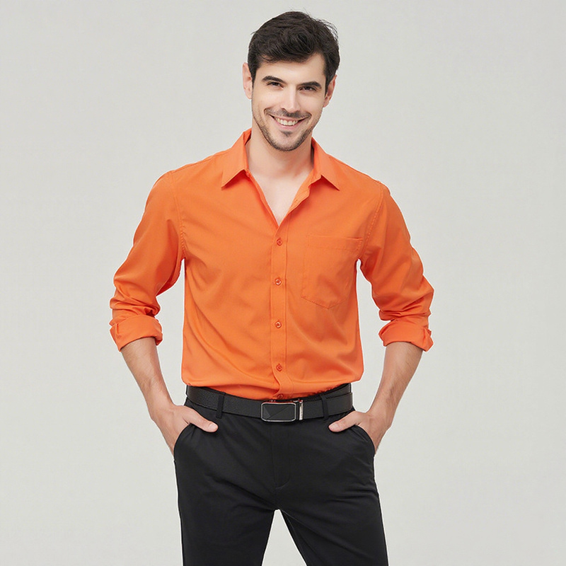 Bright Orange Studio Wedding Photo Long-Sleeved Shirt, Pure Cotton, Stretchy, Wrinkle-Resistant, Colorful, Groom, Wedding, Singer Performance, Plus Size