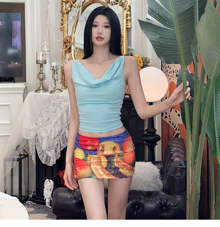 #Sisjuly# Set casual da donna con gonna a mezza lunghezza, stile dipinto a olio, con colletto appeso e gilet color caramella macaron per ragazza dolce_voghion.com