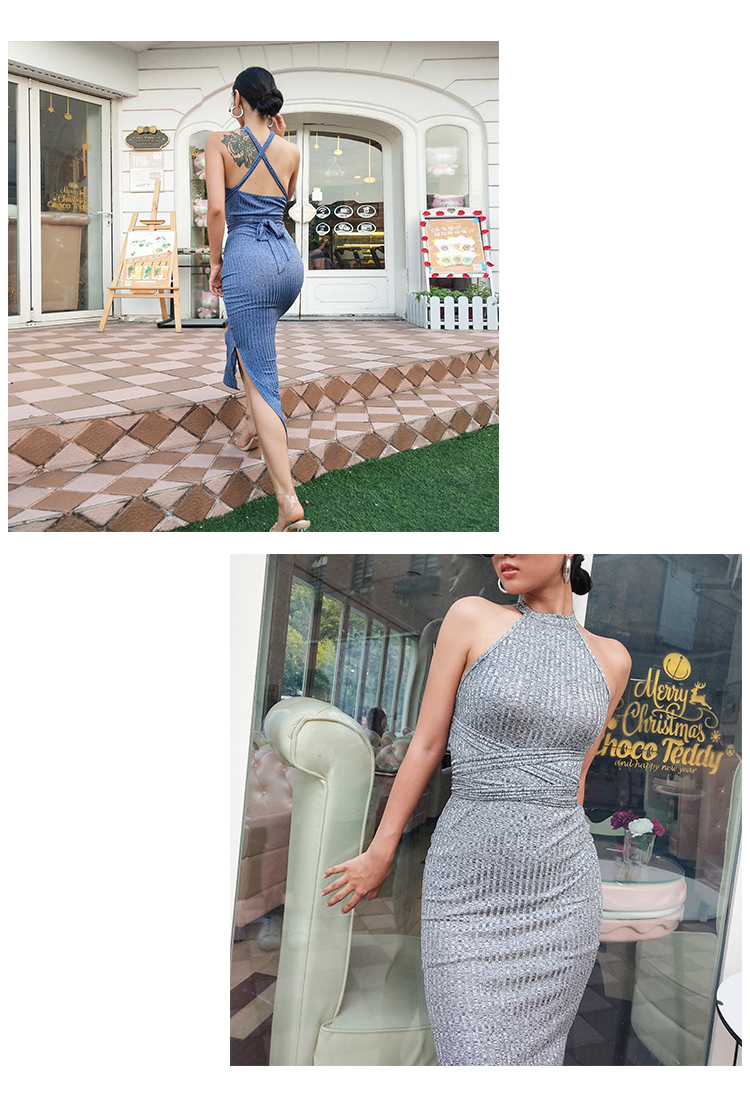 Châu Âu và Hoa Kỳ 2018 mới treo dây đeo cổ lệch vai thon thả hoang dã váy chéo cao ngang lưng váy dài nữ đầm dáng dài