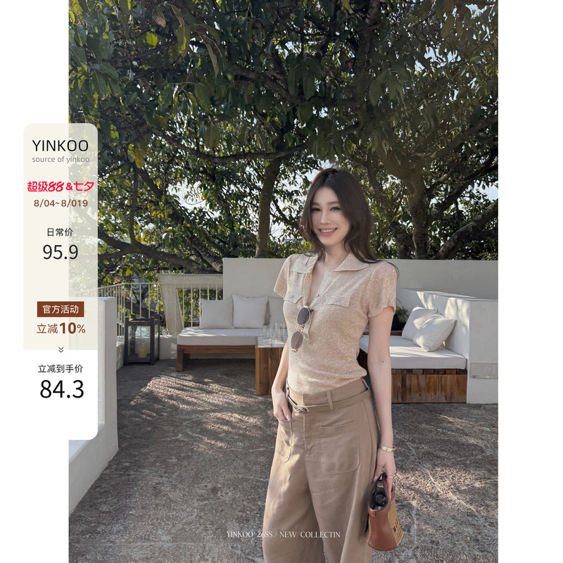 Yinkoo'French Whisper' Linen Vintage V-Neck Slim Knit Women's Summer Casual Slimming Versatile Top Yinkoo'French Whisper' Linen Vintage V-Neck Slim Knit Women's Summer Casual Slimming Versatile Top