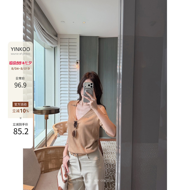 Yinkoo'Summer Texture' Retro Chic Polo Versatile Slimming Knit Short-Sleeve Old Money Style Top ins Yinkoo'Summer Texture' Retro Chic Polo Versatile Slimming Knit Short-Sleeve Old Money Style Top ins