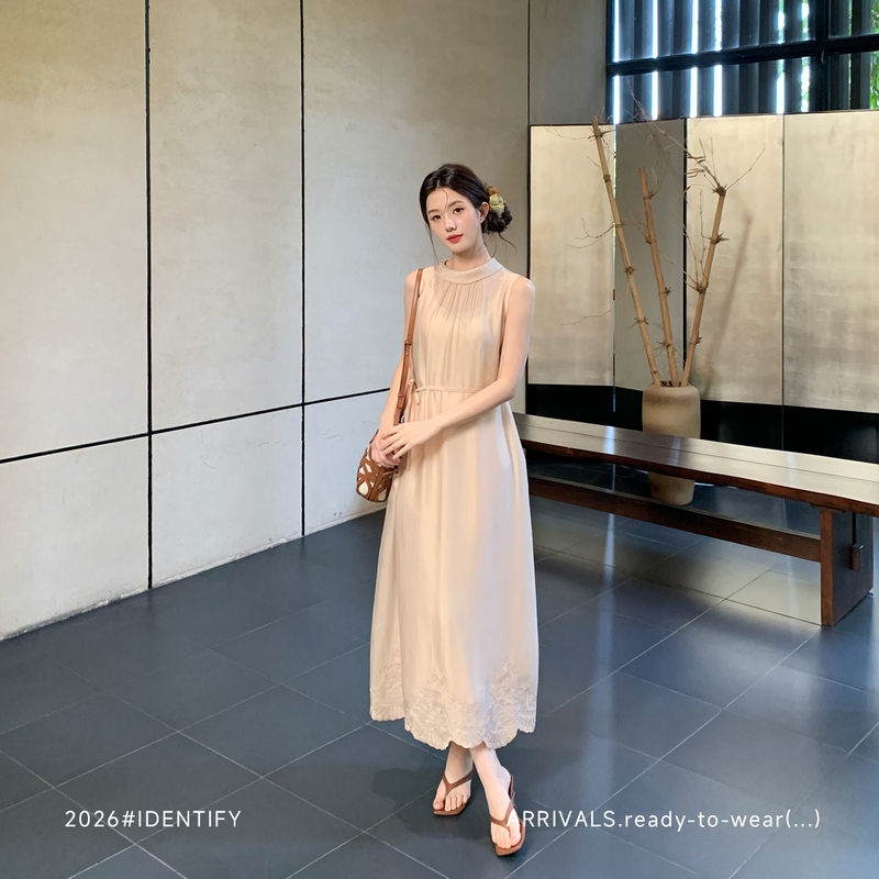 Identify Casual Style Hem Embroidered Copper Ammonia Silk Dress for Women, Summer Elegant and High-End Tank Dress
