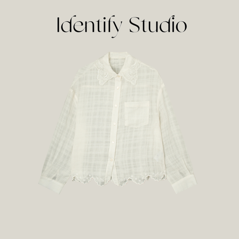Identify Spring and Summer New Lace Jacquard Lapel Design Spliced ​​Tencel Linen Shirt Top 26Ss
