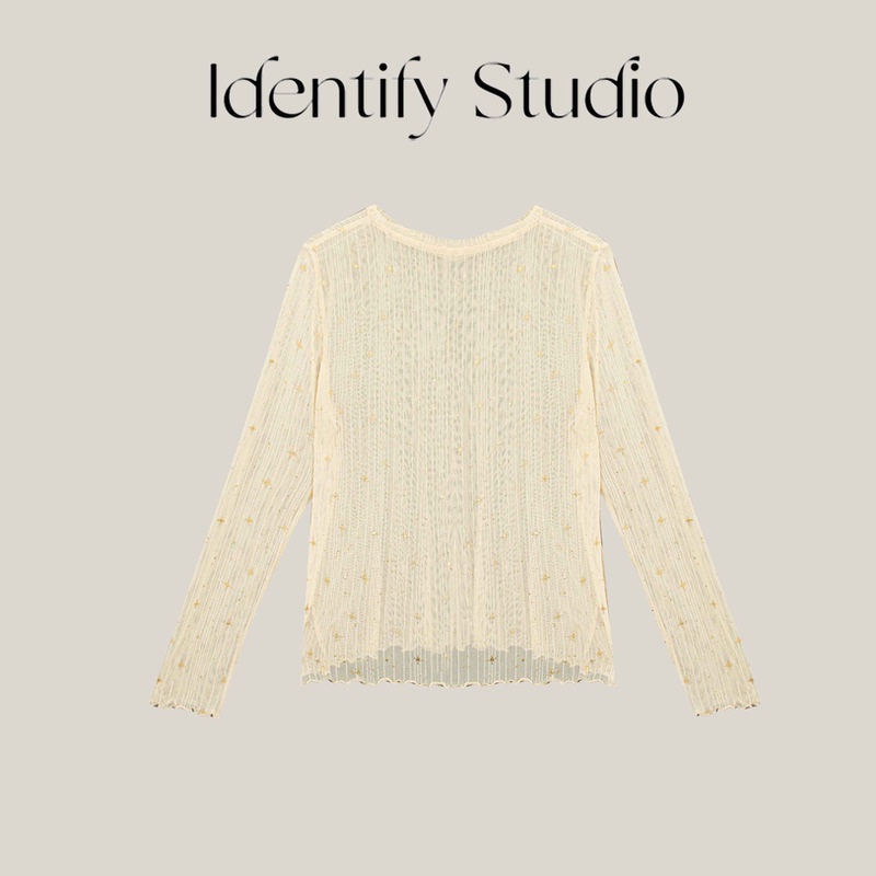 Identify Spring/Summer New Collection Gold Stamped Star Design Sheer Silver Yarn Blouse Top 26Sscm0411082