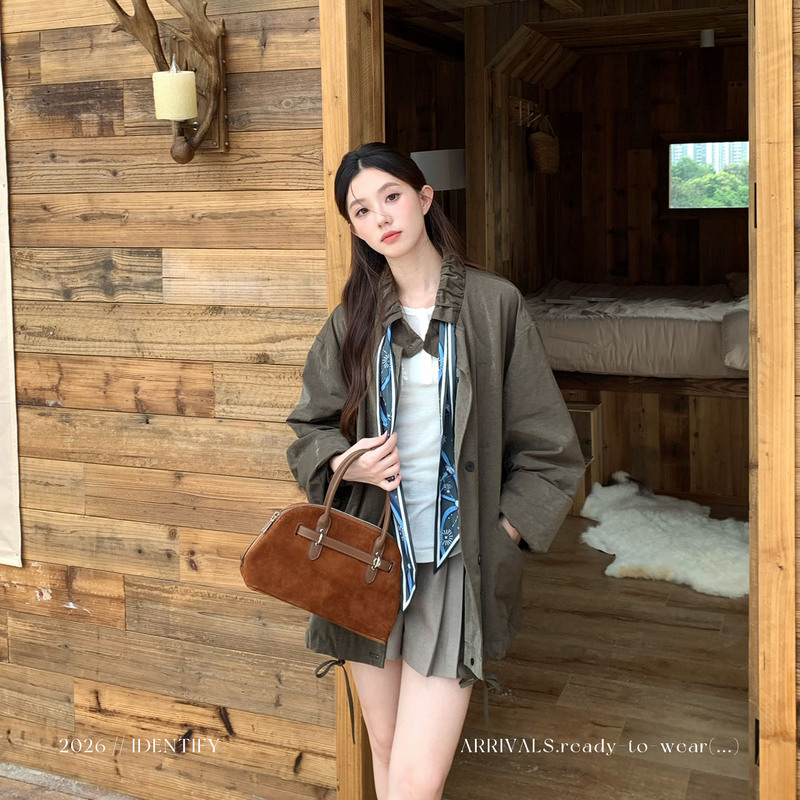 Identify Workwear Vintage Washed Windbreaker Women's Autumn Army Green Pleated Collar Short Jacket [with Scarf]