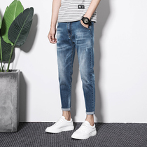 High-end jeans mens fall ins Chains Tide Cards elastic loose students 100 hitch small footed casual pants for men