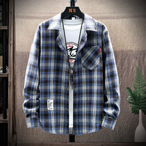 Plaid shirt mens fall port wind ins long sleeves trend Korean version handsome student coat lovers casual lining clothes