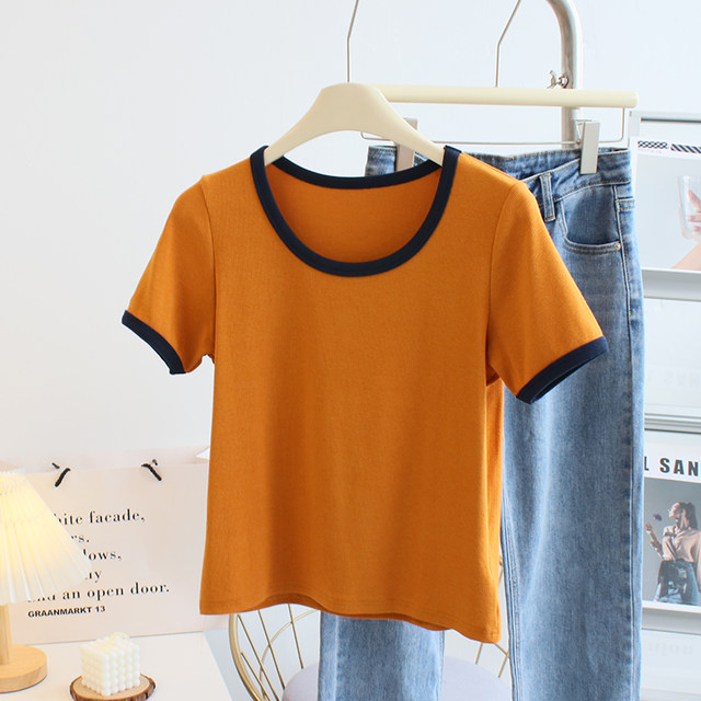 Contrast color casual round neck T-shirt women's summer 2023 new thread cotton all-match thin short-sleeved top bottoming shirt tide