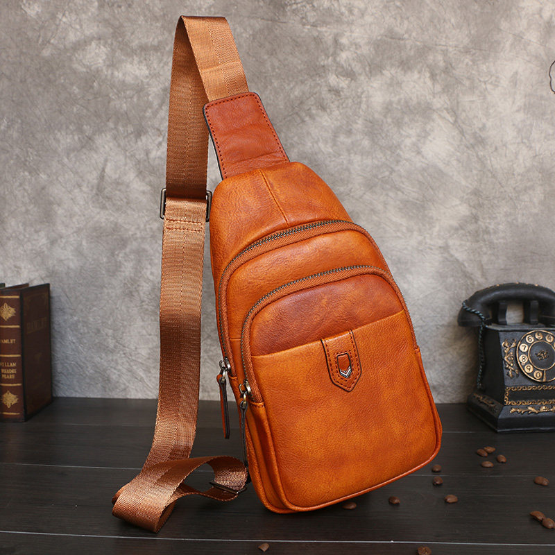 Small chest bag men's diagonal retro cowhide leather soft leather chest backpack shoulder bag men's trendy mini leather messenger bag