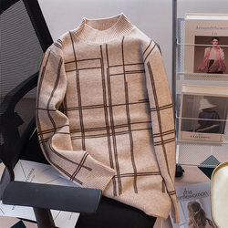 ເສື້ອເຊີດຄໍເຕົ່າເຄິ່ງຕົວສຳລັບຜູ້ຍິງວ່າງ 2024 ດູໃບໄມ້ລົ່ນແລະລະດູຫນາວ plaid ເສື້ອຍືດແຂນຍາວໃນແບບເກົາຫຼີ knitted sweater pullover bottoming shirt