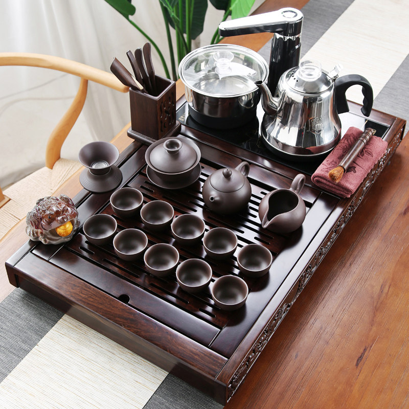 Kung Fu tea set Tea tray Solid wood household automatic living room Simple office Ceramic tea pot Rosewood