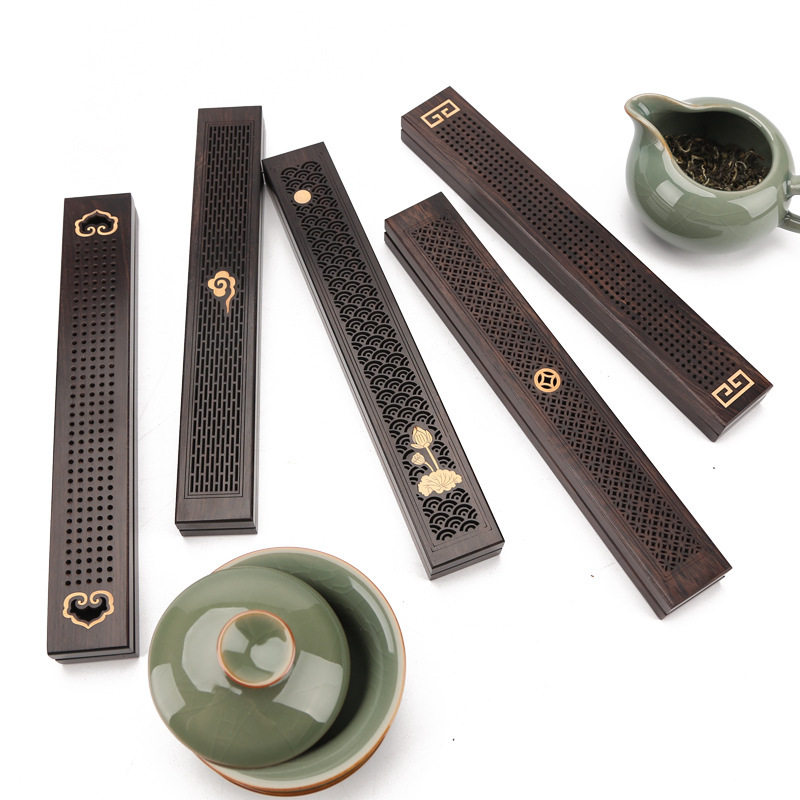 Black sandalwood inlaid with yellow poplar incense box solid wood hollowed-out incense stove wood lavender incense box Incense Box Buddha