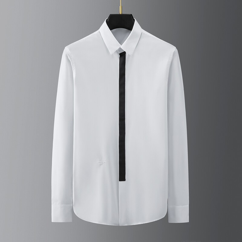 Contrasting Color Patchwork on the Placket with Bee Embroidery, Simple European Style Versatile Trendy Fake Tie, Formal Trendy Men's Slim-Fit Shirt