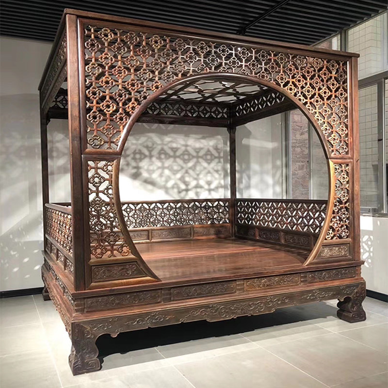 Lao Great Red Acid Branches Red Wood Shelving Bed with Toe Yellow Sandalwood Solid Wood Bed Double Man Bed Bright and Classical Wedding Bedroom Bed