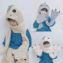 Childrens hat scarf integrated male and female child care ear circumference neck plush thickened windproof warm baby dinosaur autumn and winter