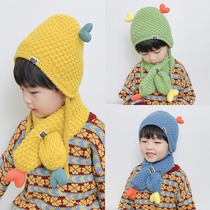 Childrens hat scarf suit boy autumn and winter gush care ear baby cute super cute knitted cover wool line hat