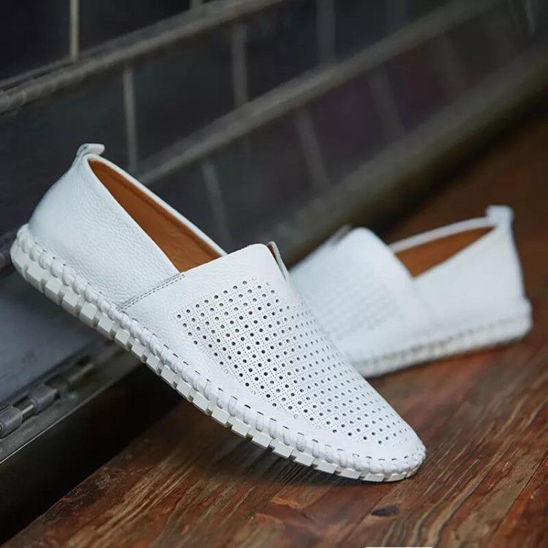 European station 2022 Summer new genuine leather hollowed-out casual shoes Men's breathable sleeves Big size Bull Leather Bean Bean Leather Shoes