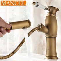 Pull antique golden faucet hot and cold full copper bathroom basin telescopic Jade faucet washbasin faucet