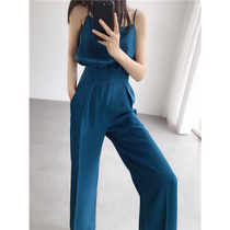 2021 summer new fashion Western style suspender two-piece suit female drop feeling smooth loose wide-leg mopping trousers