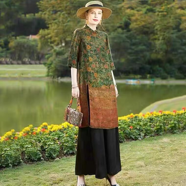 Camilla 2025 Spring and Summer New Mid-Length Retro Shirt with Small Stand-Up Collar + Wide-Leg Pants Two-Piece Set for Women Camilla 2025 Spring and Summer New Mid-Length Retro Shirt with Small Stand-Up Collar + Wide-Leg Pants Two-Piece Set for Women