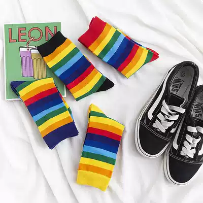 Rainbow socks female Korean stripe socks street sports women socks tide summer Net red women cotton socks