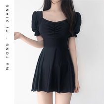 South Koreas new skirt one-piece swimsuit womens conservative short-sleeved belly thin beach overseas hot spring black swimsuit