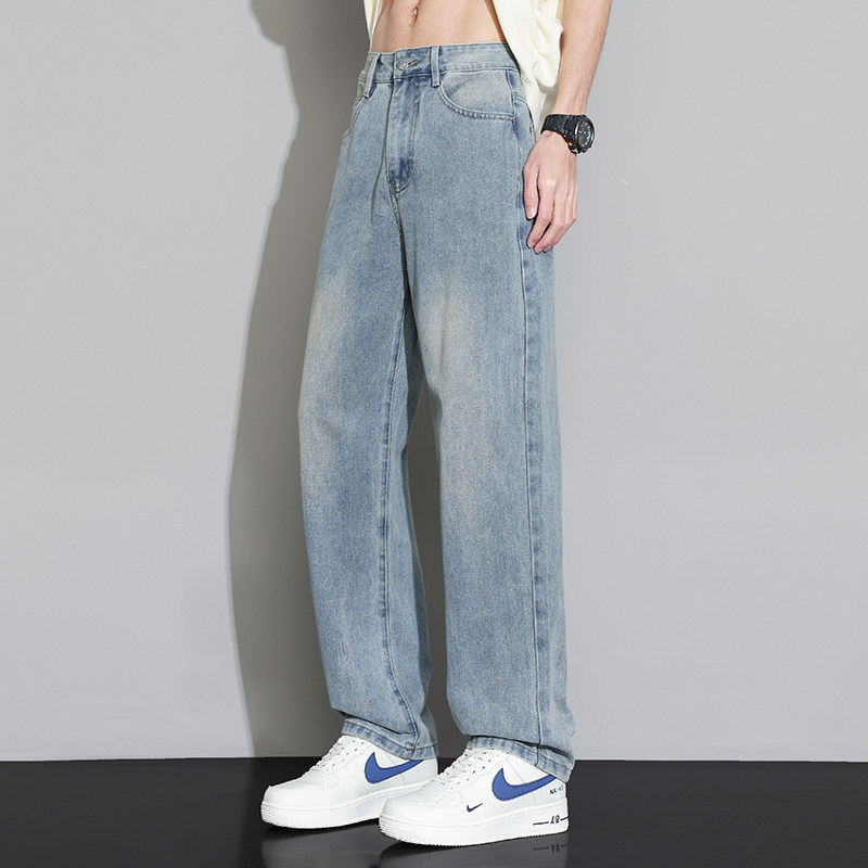 2026 New Spring and Autumn Washed Cotton Soft Denim Jeans for Men with Belt, Basic Casual Straight-Leg Pants