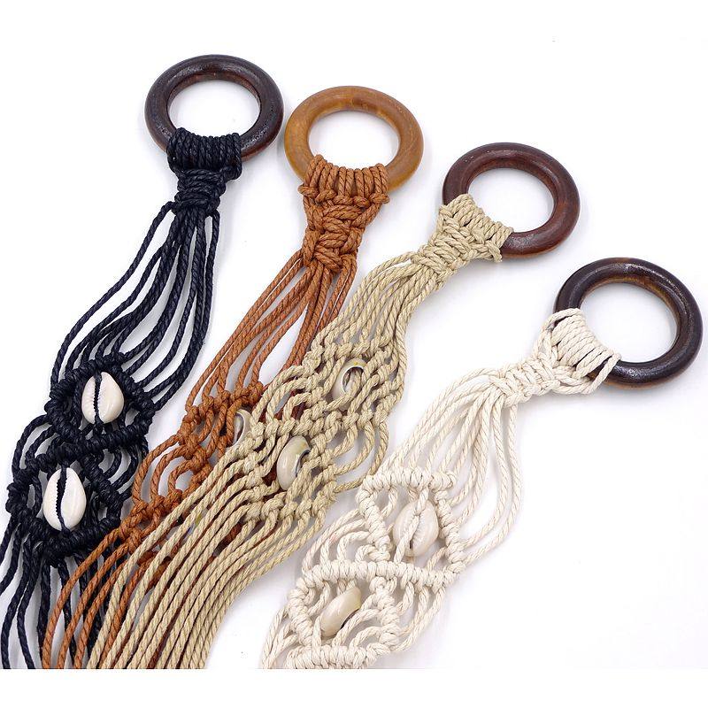 Summer Waist Rope Ethnic Wind Ruby Rope Handwoven Waist Chain matching with foreign clothing Wooden Buckle Shells to decorate the girdle Women's new