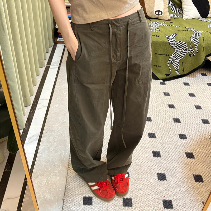 In-Stock, Same Style as the Lazy Girl, Curved Sickle-Shaped Retro Split High-Density Pure Cotton Mid-Low Waist Loose Drawstring Casual Pants
