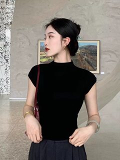 French half turtleneck tencel knitted flying sleeve top women's summer thin raglan sleeve black pullover t-shirt