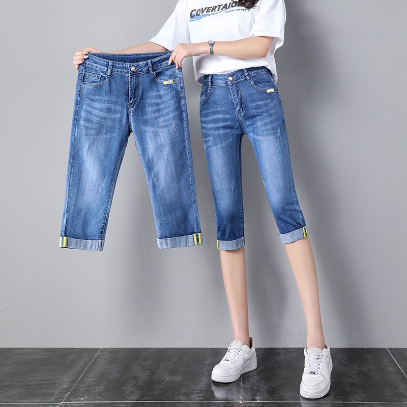 Women's Cropped Denim Shorts for Summer, Thin High-Waisted, Petite, Slimming, Stretchy Skinny Pants, Versatile Mid-Length Pants