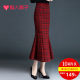 Plaid mermaid skirt skirt women 2023 spring and autumn package hip skirt mid-length skirt design red slimming skirt