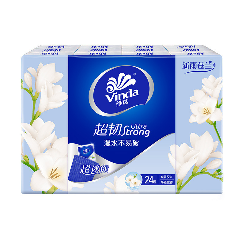 Vinda Handkerchief Tissue 24 Packs of 4-Layer Floral-Scented Portable Small Tissue Packs, Napkins, Water-Resistant