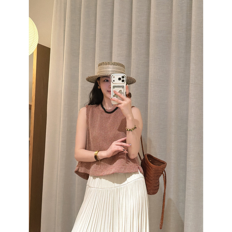 [Jiman] LAOSHU Styles of Round-Neck A-Line Hem Two-Tone Woven Linen Vest 3246