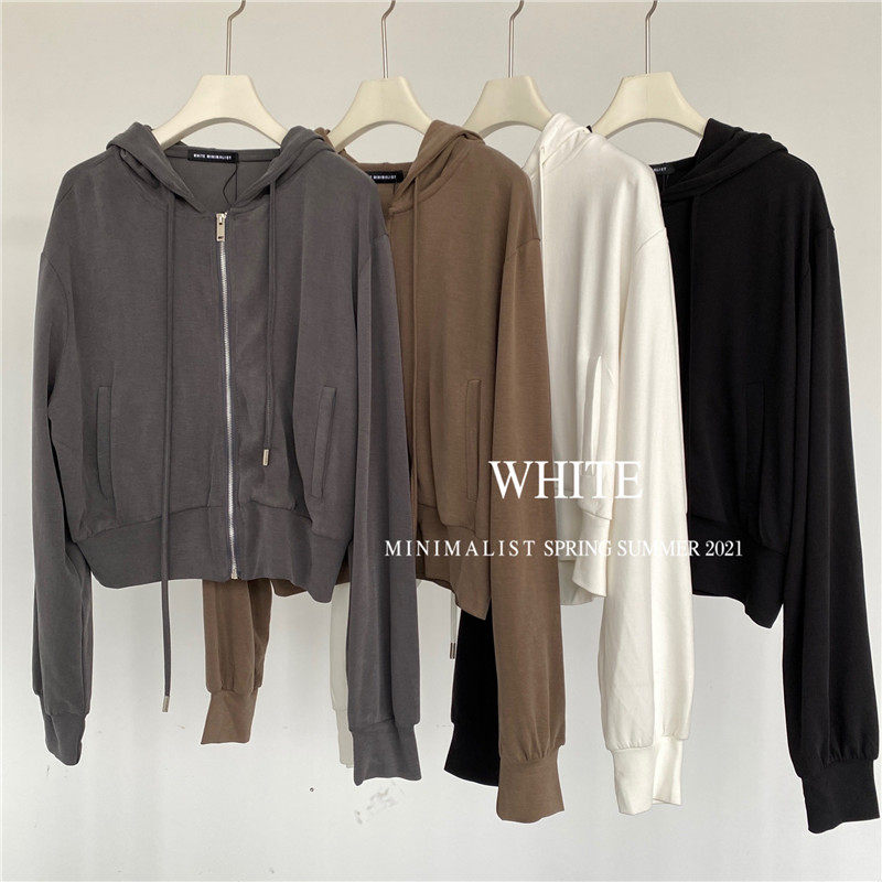 WHITE Early Spring New Pituality with cap Raced Clothing Casual Pure color Lean Long Sleeves Hooded Jacket Woman