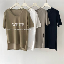 WHITE cotton big U collar irregular split short sleeve T-shirt Korean simple solid color loose beveled top female spring
