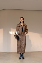 2022 autumn white temperament lapel shoulder pad leather jacket short coat high waist slit bag hip skirt suit women