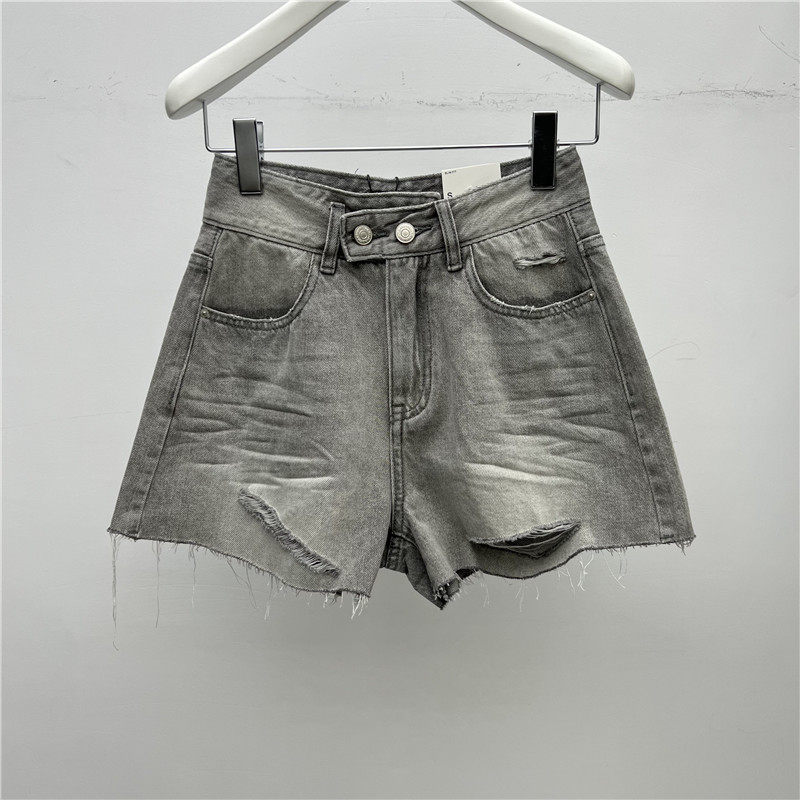 white summer hole gray high waist shorts with lean hair - side straight - cotton cotton casual shorts